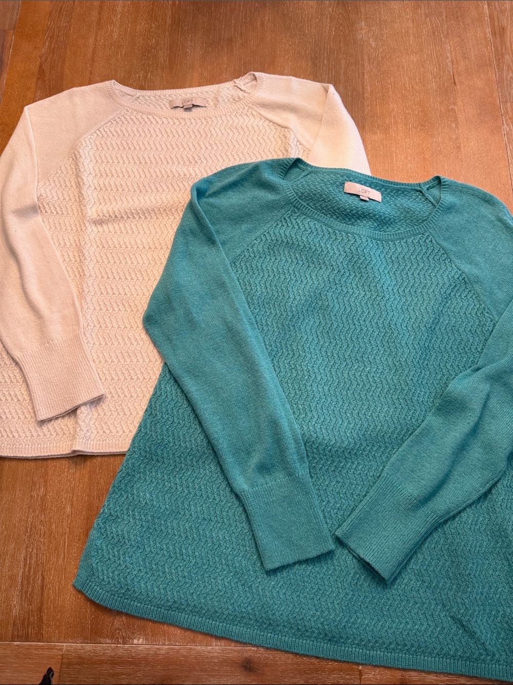 Bundle LOFT Teal and Cream Crewneck Sweaters
